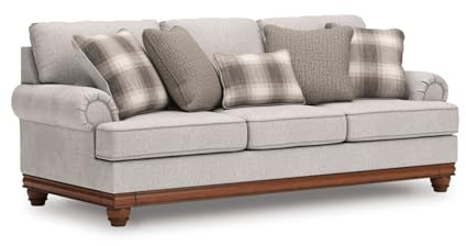 Signature Design by Ashley Meadowview Classic Upholstered Sofa with Reversible Seat Cushions, 5 Accent Pillows and Rolled Armrest, Light Gray