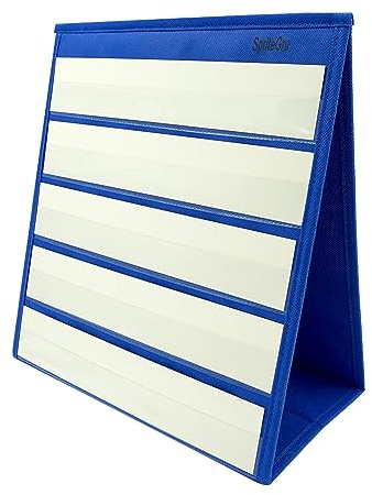 Blue Tabletop Desktop Pocket Chart with Bonus 20X Dry Erase Cards. Double Sided and Self-Standing (13” X 12”)