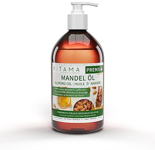 Kitama Mandelöl 100% rein 500ml Naturkosmetik - sanftes Baby-Öl, natürliches Pflege-Öl für Haut & Haar - Ideal für Aromatherapie als Basisöl Massageöl
