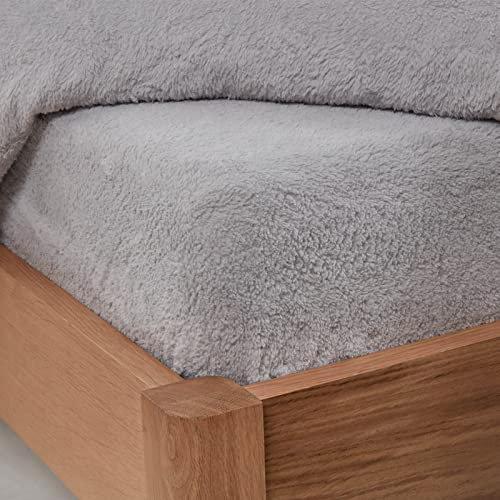 Brentfords Teddy Fleece Fitted Bed Sheet Plain Thermal Warm Soft Luxury Sherpa Bedding, Grey Silver - Double