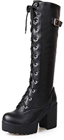 Piattaforma stivali alti al ginocchio da Donna con lacci tacco quadrato tacco corto in peluche con fibbia tacco stivali invernali da neve tacchi alti autunno