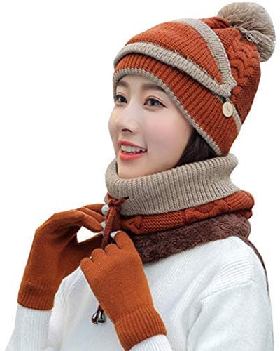 JFAN 4 in 1 Warm Mütze Bommelmütze Damen Mode Set aus Wintermütze und Schal（Strickmütze, Visier, Handschuhe） Mehrfarbig Ski Pudelmütze