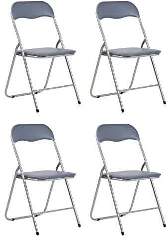 CLP 4er Set Klappstuhl Felix Gepolstert I Küchenstuhl Mit Metallgestell I Kunstleder PVC Sitz Gepolstert I Stühle Klappbar I Campingstühle, Farbe:grau/Silber