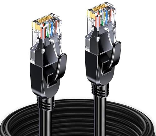 Elfcam® - 40 Meter Ethernet Kabel Cat 7 Rund, LAN Kabel mit Vergoldetem RJ45 Stecker, Netzwerkkabel 100% Kupfer Starres Verlegekabel, SFTP, 28 AWG, Schwarz, 40m