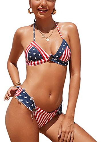Femmes Sexy Drapeau Américain Denim Bikini Ensemble Maillots De Bain pour Le 4 Juillet,American Flag Color,S