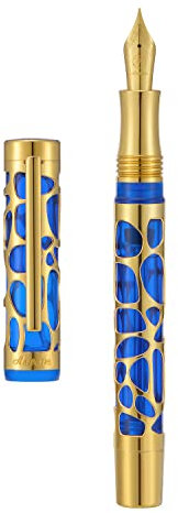 Asvine V169 Vacuum Filling Fountain Pen Extra Fine Nib, Water Drop Skeleton Gold Trim Transparent Blue Acrylic Pen Case Set