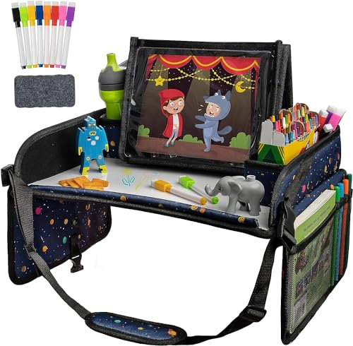 Lusso Gear Reisetisch Auto Kinder mit Schreibtafel | Unverzichtbare Reisebegleiter | Knietablett Kinder Auto | Tablet-Halter |Getränkehalter | Spielzeugaufbewahrung |Flugzeug und Autositze (Planeten)