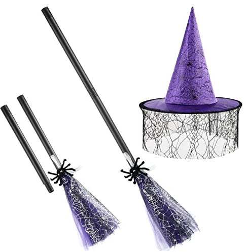 BESPORTBLE Hexenhut Kinder mit Besen Set – Halloween Hexenbesen Kostüm für Mädchen & Jungen, Karneval, Hexenparty, Cosplay & Theater – Verkleidungszubehör für Kinder (3-12 Jahre)