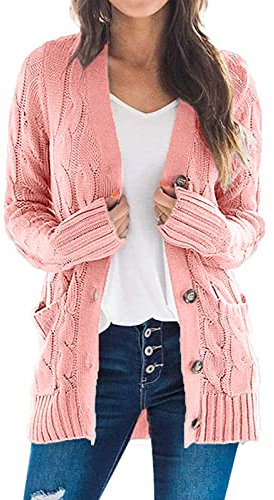 Uusollecy Gilet Long Femme Hiver Chaud De Boutonnage Décontracté Grosse Maille avec Poche Gaufré Cardigan, Rose, M