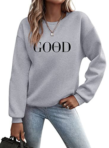 Minetom Pullover Damen Sweatshirt Briefe Drucken Langarm Rundhals Pulli Herbst Winter Frauen Buchstaben Druck Locker Casual Oberteil Sport Streetwear Sweatshirts ohne Kapuze Bluse Tops A Grau M