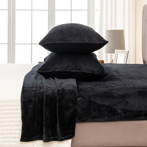 Great Bay Home 4-Piece Velvet Plush Micro Fleece Full Size Sheet Set - Deluxe Microplush Non-Pilling Bed Sheets- Lavish Sherpa Winter Bedding Set (Black)