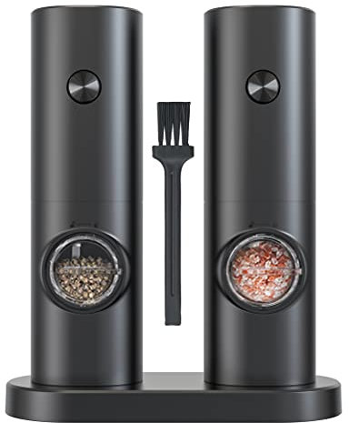 IraXpro Electric Salt and Pepper Grinder Set with Battery Powered,LED Light,Storage Base,Ceramic Grinders with Adjustable Coarseness,Electric Salt and Pepper Mill Set of 2 Pack (Black-Battery)