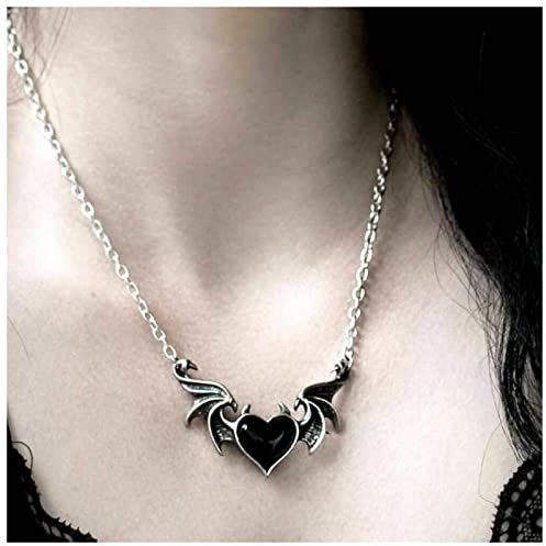 Dervivea Punk Schwarz Herz Fledermaus Flügel Halskette Schwarz Emaille Herz Halskette Gothic Flügel Anhänger Halskette Halloween Onyx Fledermaus Flügel Halskette Schmuck Für Frauen Und Mädchen