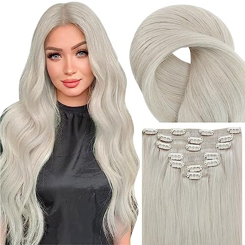 Fshine Blond Clip Extensions Echthaar, 60cm 120g 7 Stücke Echthaar Extensions Clip in Haarverlangerung mit Klammer Weißblond in der Farbe 1000