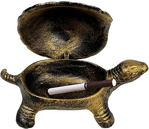 OLizee® Vintage Iron Turtle Ashtray with Lid, Decorative Smoking Ashtray for Home Office Indoor Outdoor, Old Gold