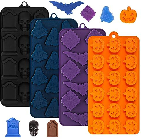 Webake Halloween Bakcform Silikon Pralinenform 4 Stück Schokoladenform Totenkopf Kürbis Geist Fledermaus Spinnennetz Grabstein Silikonform für DIY Halloween Schokolade, Süßigkeiten, Gelee