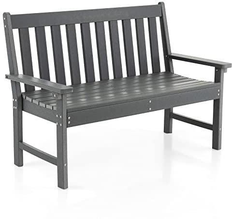GOPLUS Gartenbank wetterfest, 2 Sitzer Parkbank Kunststoff, Sitzbank Outdoor bis 320kg belastbar, Terrassenbank mit hohe Rücklehne & Armlehne, Sitzbank Garten Balkon Terrasse, 132x65x91cm (Grau)