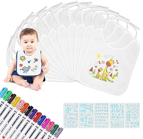 Japace Baby Lätzchen zum Bemalen, 12 Stück Lätzchen Weiß mit 14 Farbigem Textilstifte und 5 Schablonen, DIY Baby Lätzchen Geschenk für Gender Reveal Party Junge und Mädchen