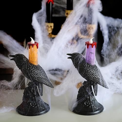 Halloween Kerzen LED, Halloween Deko Krähe LED Kerzen, Schwarz Rabe LED Kerze Halloween Licht, Batteriebetriebene Krähe LED Kerzen für Halloween Dekoration, Halloween Party Supplies (2 Stück)