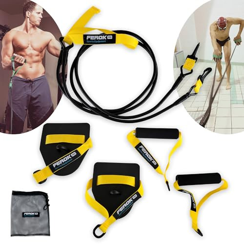 Bande Elastique de Resistance avec Plaquette et Poignées - Corde de Traction Dry Land - Elastiques de Renforcement Musculaire Nageur avec Paddles et Poignees - Version Jaune
