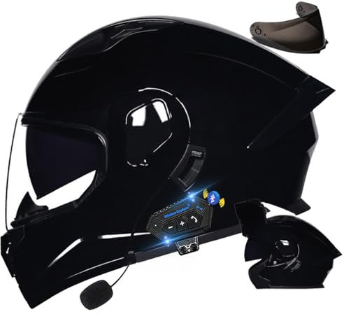 DIRERTYS Motorradhelm mit Bluetooth, Doppelvisier Modularer Helm, ECE Zertifiziert, Integralhelm mit Mikrofon für Erwachsene (21.6-24.4in), Schwarz
