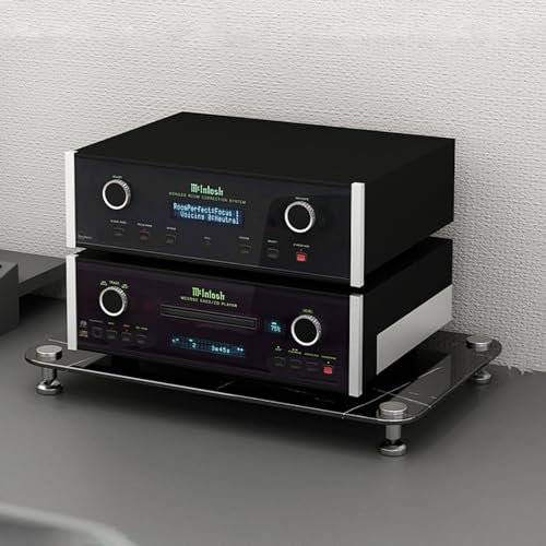 CHZDPP Stereokabinett 1 2 3 4 Etagen Stereoschrank-Möbel, Audio-Video-Medienständer/Eck-TV-Ständer für Konferenzräume/Büro, Videokomponentenständer mit gehärtetem Glasboden(Color:Black,Size:1-Tiers)