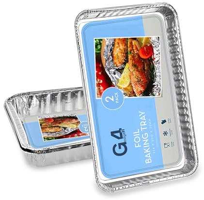 G4GADGET Pack of 2 Large Aluminium Foil Trays 32x20x3.2cm - Ideal for BBQ, Cooking, Baking, Roasting, & Food Storage, Silver