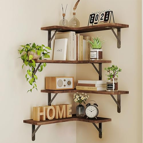 BAKAJI Set 4 Mensole in Legno Angolari, Scaffalatura ad Angolo Montaggio a Muro, Aste Metallo, Scaffalatura per Camera da Letto, Soggiorno, Cucina, Bagno, Libreria Salvaspazio (Rovere)