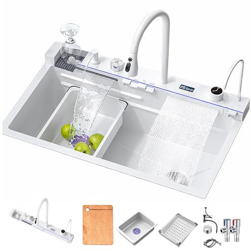 FGNIXLN Fregadero de cocina, fregadero de acero inoxidable T304, fregadero de cocina multifuncional, fregadero cascada, fregadero empotrado con grifo digital multifuncional y varios accesorios (80 x