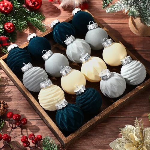 Blueweenly Samt-Weihnachtsschmuck, beflockte Weihnachtsbaumkugeln, bruchsicher, 18 Stück (dunkelblau, grau, beige) für Weihnachten