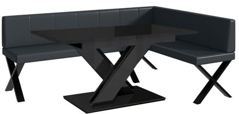 MEBLINI Eckbank für Esszimmer mit ausziehbarem Tisch - Küchenbank - Essecke - Sitzecke Küche - Peter - X-Beine 142x196x87cm Rechts - Dunkelgrau Kunstleder/B Schwarz Hochgl.