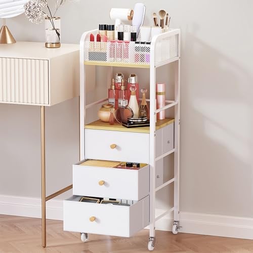 HapiRm Rolling Makeup Organiser Cart - Floor Skincare Make Up Storage | 3 Non-woven Fabric Drawers, 9 Adjustable Top Sections, Vanity Storage Holder for Skin Care Perfume Nail Polish Brush Hair Too