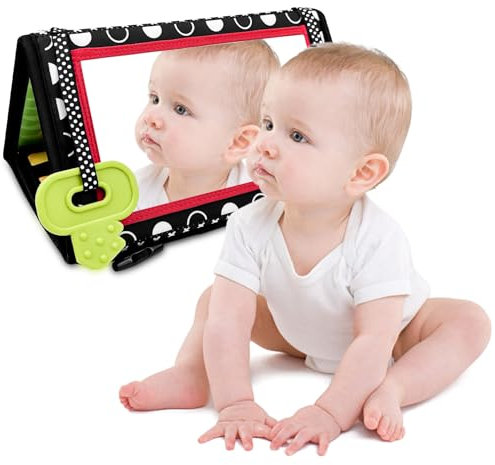 Lixiluxia Baby Spielzeug ab 3 Monate, Baby Spiegel, Babyspiegel mit Schwarz Weiß Kontrastmuster, Kinderspiegel mit Beißring, Babyspielzeug, Faltbarer Bauchlage Spielzeug, Lernspielzeug