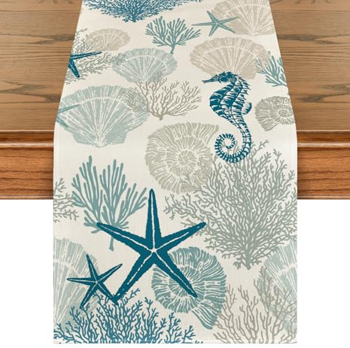 Artoid Mode Seepferdchen Muscheln Seestern Ozeane Sommer Tischläufer, Saisonnal Küche Esstisch Dekoration Drinnen Urlaub Party Dekor 40x180 cm