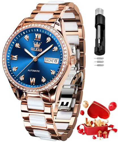 OLEVS Automatic Watch for Women Self Winding Mechanical Ladies Diamond Wrist Watch Luxury Dress Rose Gold Ceramic Watches for Women Love Heart Date