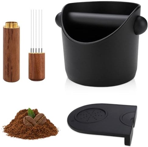 Infreecs Coffee Knock Box, Coffee Grounds Container Knock Box Black, Espresso Knock Box Coffee Bin with Non-Slip Tamping Mat and Coffee Stirring Needle, Small Coffee Machine Accessories for Barista