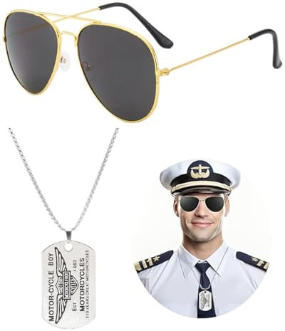 KGDUYC 2 PCS Flieger Verkleidung Accessoires Fliegerbrille Sonnenbrille, Silber Erkennungsmarke Kette, Pilot Kostüm Zubehör Pilotenbrille Hundemarke Dog Tag,pilotenbrille，fliegerbrille fasching