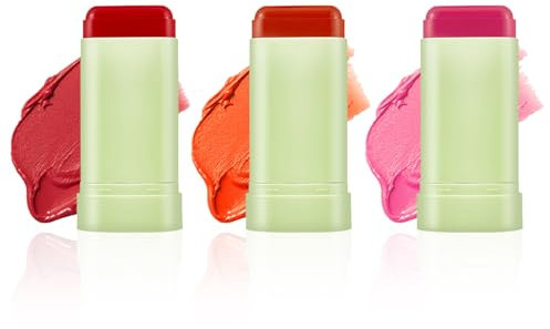 3 PCS Jelly Blush Stick, 3 in 1 Lip & Cheek Stain for Cheeks Lips Eyes, Waterproof Buildable Jelly Blush with Aloe, Long-Lasting Stick Blush for Women Girls (Pink+Red+Orange)