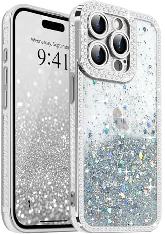 Ethanger für iPhone 15 Pro Hülle Glitzer, Silber | Gradient Bling Sparkle Herz Pailletten & Kristall Glänzend Diamant Handyhülle, Transparent Silikon Case für Frauen Mädchen