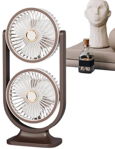 Table Fan -Double Head Quiet Air Cooler | USB Rechargeable Airfans | Powerful Small Fans | 14x9.5x30cm USB C Desktop Fan For Bedroom Outdoor School Home Living Room Travel Use, Brown