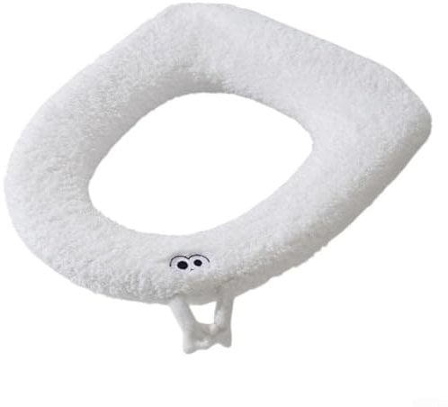Thick Plush Toilet Seat Cover for Cold Winter Days with Cartoon Themed Handle (White)