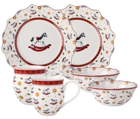Villeroy & Boch - Toy's Delight Frühstücks-Set für 2 Schaukelpferd 6-teilig Bunt, Weihnachten, Geschirr Set mit Frühstückstellern, Tassen und Schüsseln, Weihnachtsgeschirr, Premium Porzellan