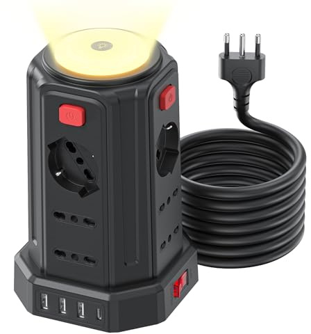3 M Ciabatta Elettrica Multipresa con Luce 12 Universali ITA e Schuko,4 USB | 12 AC Prese Multipla,Multipresa con 3 USB A+1 USB C, Protezione Sovratensione Prolunga Elettrica, 4 Interruttori Indipendenti