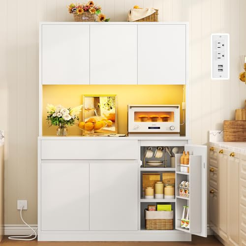 39.4W Pantry Cabinet with Charging Station, Kitchen Pantry Cabinet | Kitchen Hutch Storage Cabinet with Microwave Stand & LED Light, Coffee Bar with Door Shelves for Dining Room, 6 Doors, White