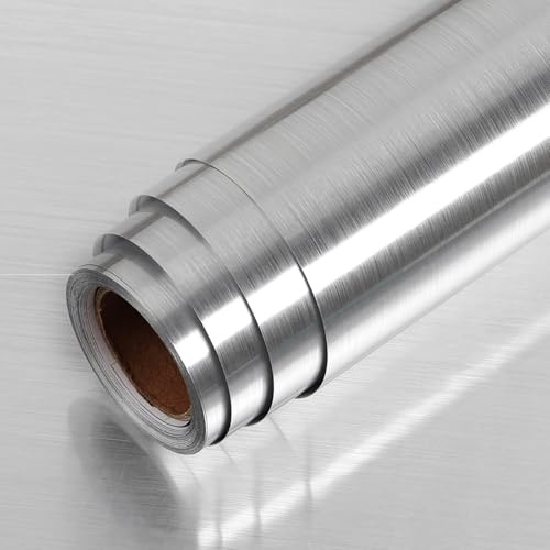 LACHEERY Self Adhesive Wallpaper Metal Effect for Kitchen Worktop Vinyl Wrap Sticky Back Plastic Roll Silver Waterproof for Refrigerator Splashback Cupboards Covering Silver 30cm x 400cm