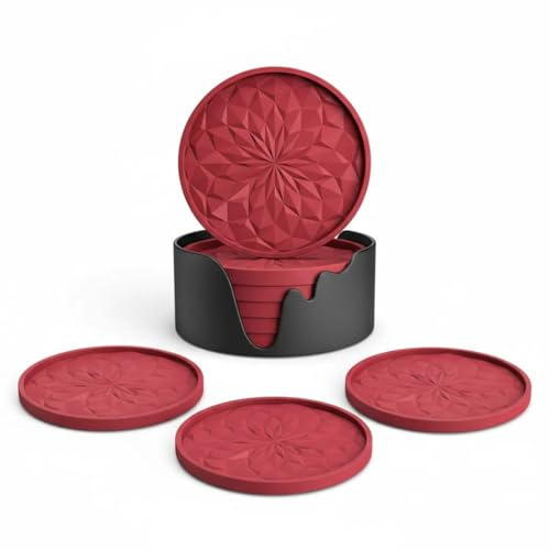 Dessous de Verre en Silicone avec Support,Lot de 6 sous-Verres Ronds Rouges,Antidérapants et Résistants à la Chaleur,Durables et Lavables au Lave-Vaisselle – pour Boissons, Café, Tasses, Cuisine, Bar