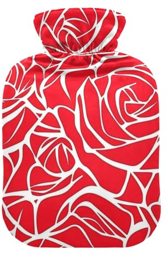 Red Rose Flowers Line Drawing Water Bottle for Hot Water with Soft Cover, 2L hot Compress Bag for Sore Muscle, Arthritis, Neck Shoulder Warmer