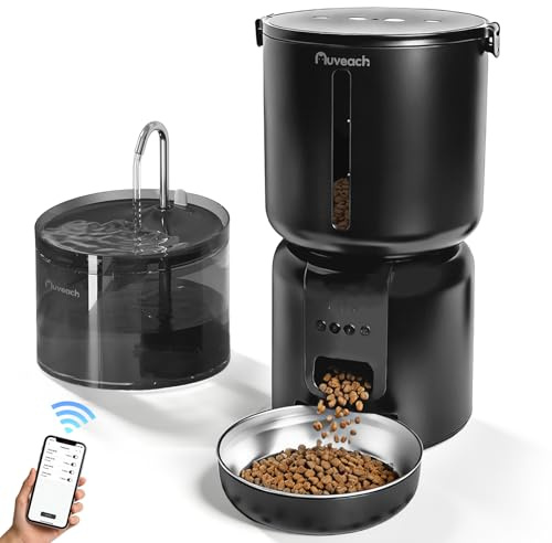 Auveach Distributeur Croquettes Chat Automatique et Fontaine Set - 4L WiFi 2,4G Gamelle Automatique Programmable 1-10 Repas/Jour, Enregistrement Vocal 10S, 2.2L Fontaine à Eau pour Chats (Noir)