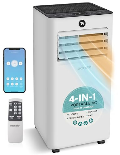 SereneLife Portable Air Conditioner 9000 BTU with Heating, WiFi AC Unit with Cooling, Dehumidifier & Fan for Rooms up to 31 m², Smart Control, Quiet Energy Efficient, Window Kit, Grey