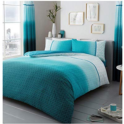 Lions Modern Urban Ombre Duvet Cover with Pillowcase, Poly Cotton Bedding Set, Easy Care Soft Quilt Covers, Machine Washable, Teal, King Size Bed, 230x220cm